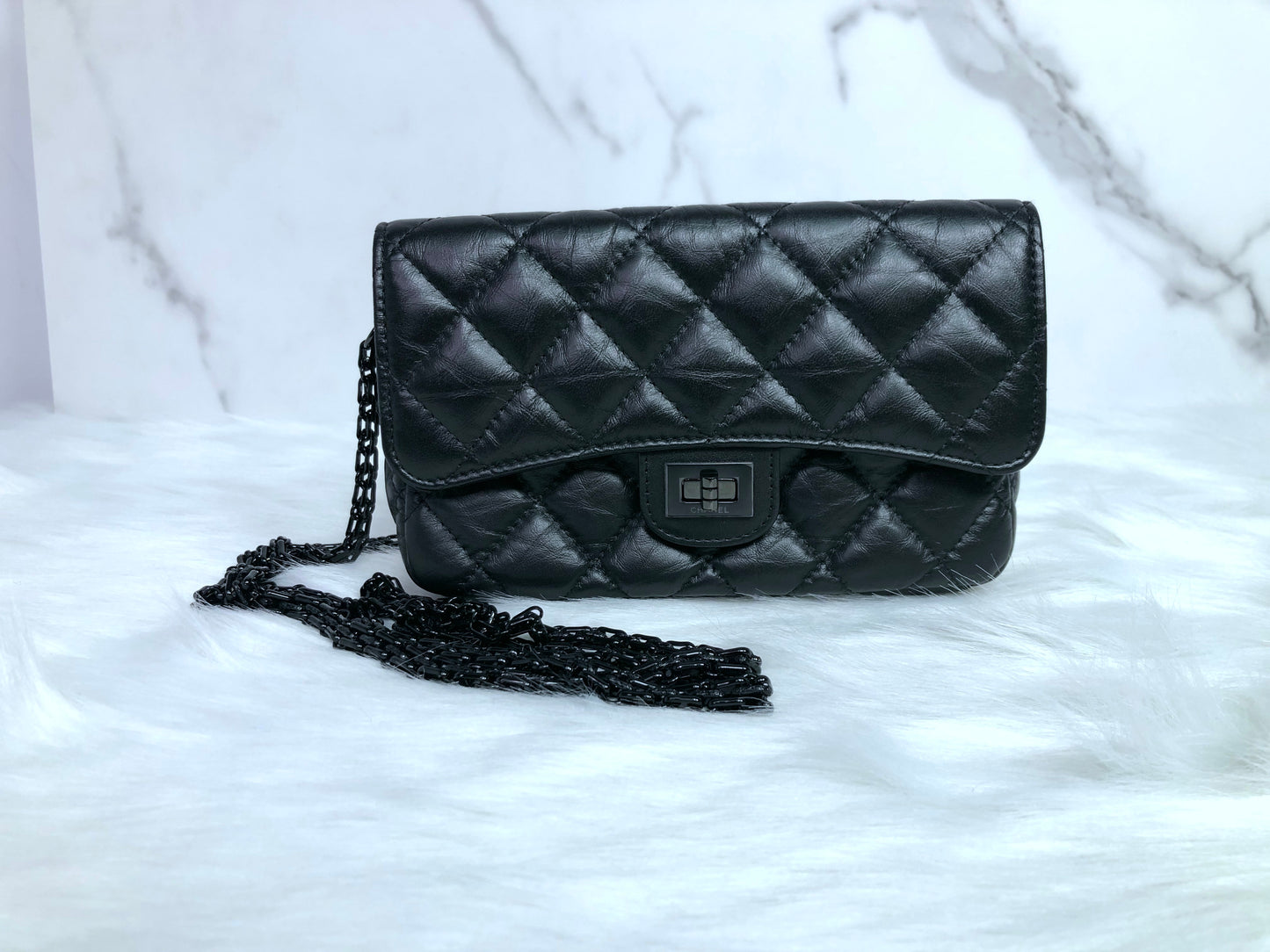 Chanel 黑色羊皮 2.55系列 17cm 黑扣斜孭小包